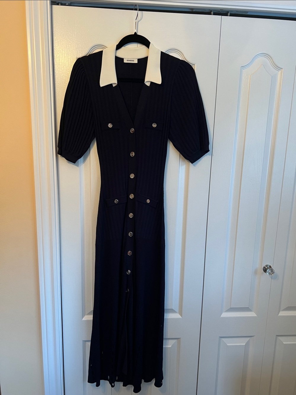 Sandro Navy Maxi Dress with White Contrast Collar
